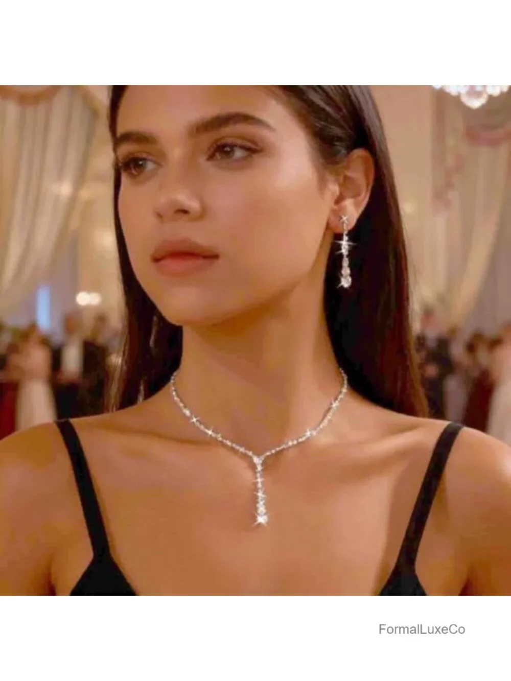 Silver Wedding Necklace and Earring Set Bridal Lariat Dangle Earrings Cubic